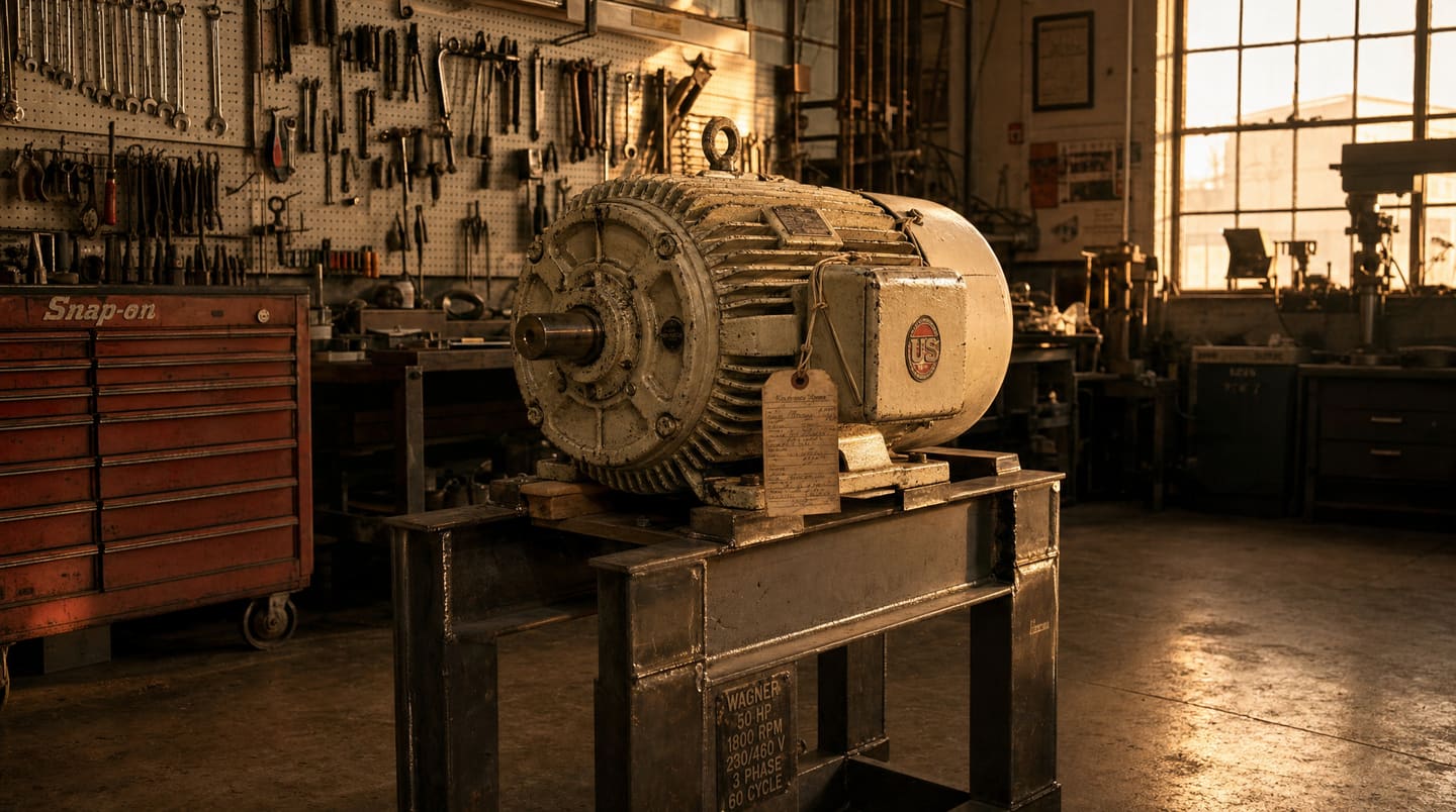 Industrial motor on a repair shop floor
