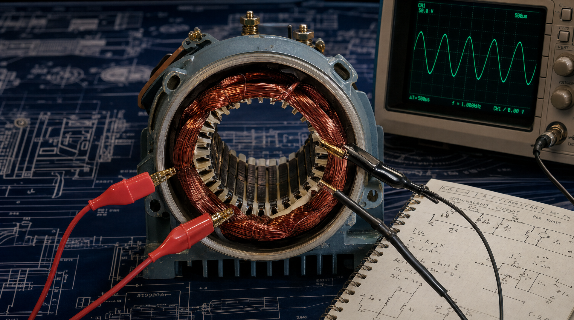 Motor winding diagnostic setup with leads and test instruments on a bench