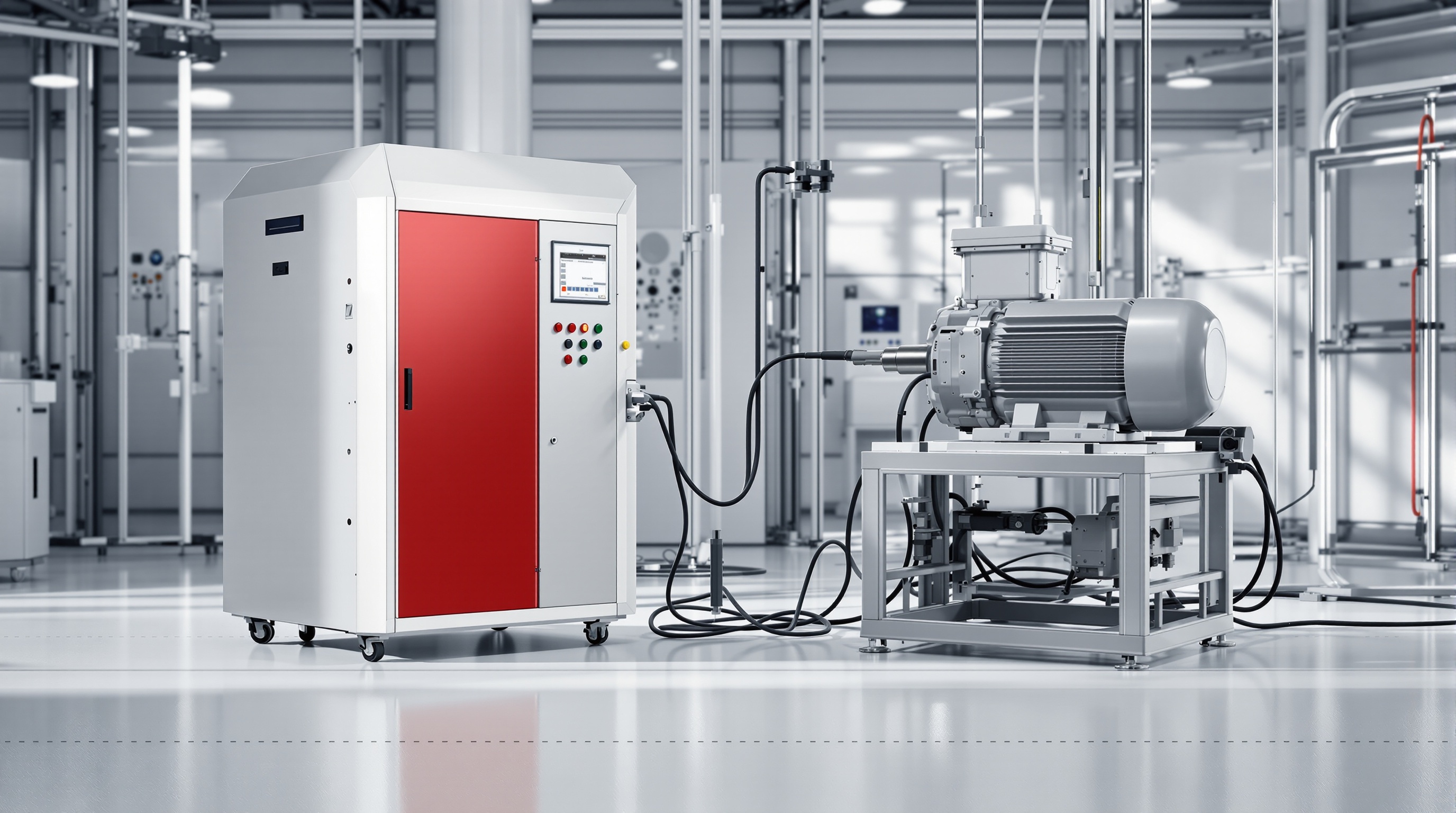 Motor test cell with a motor under evaluation beside a control cabinet