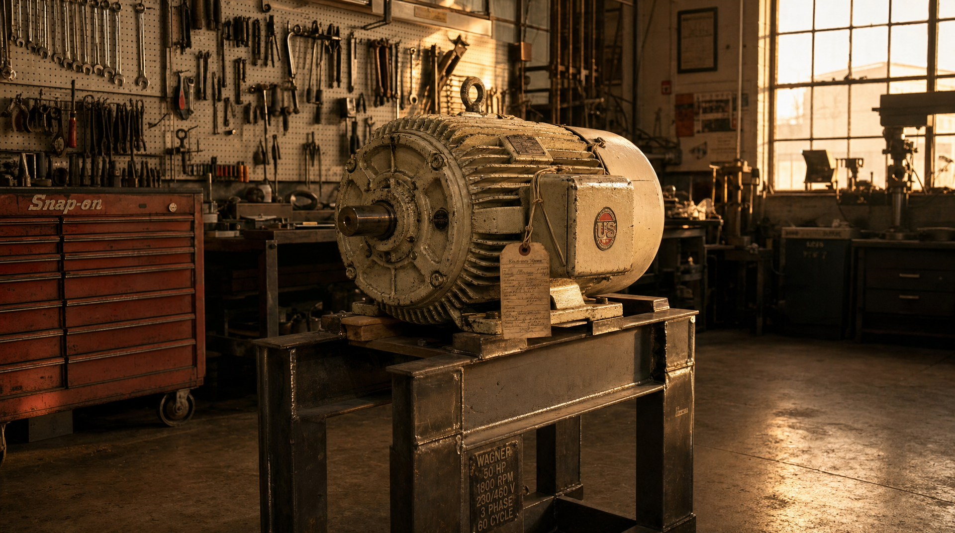 Industrial motor on a repair shop floor